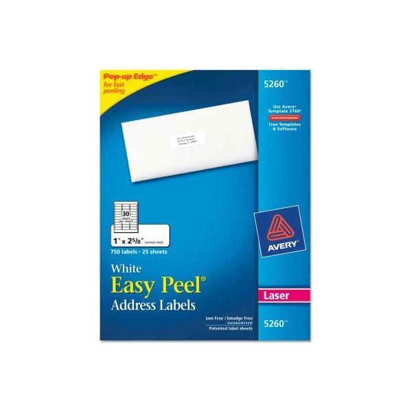 Avery Avery® Easy Peel Laser Address Labels, 1 x 25/8, White, 750/Pack